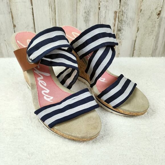 Skechers Wedge Sandals Navy Blue Striped Size 9 - Picture 1 of 10